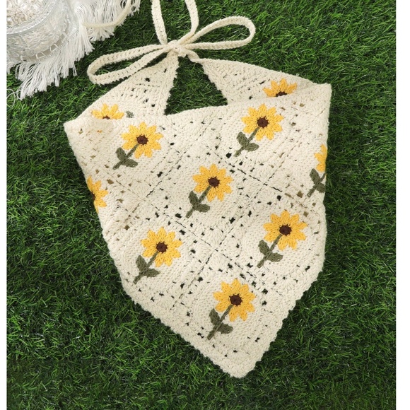 Boho Crochet Floral Handkerchief Head band - Picture 6 of 7